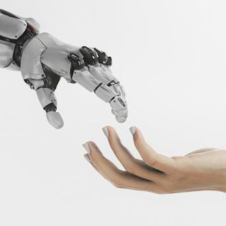 Robotic hand reaching toward a human hand