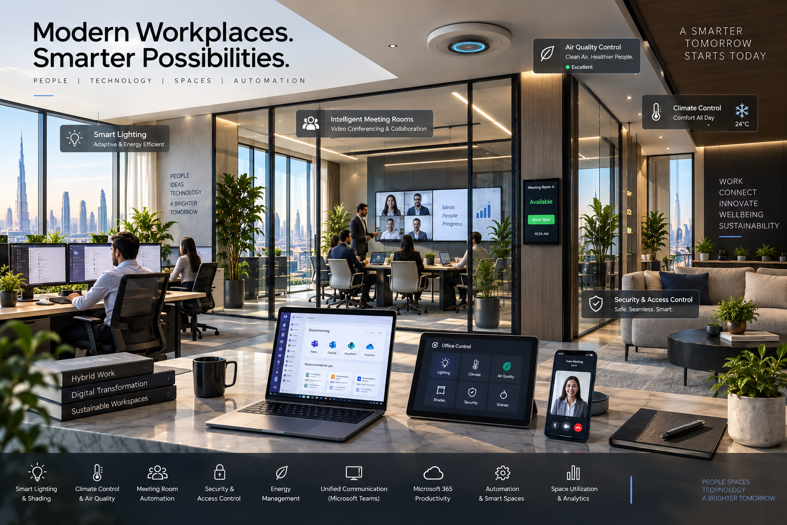 Connected smart workplace with lighting, climate, meeting room and access automation