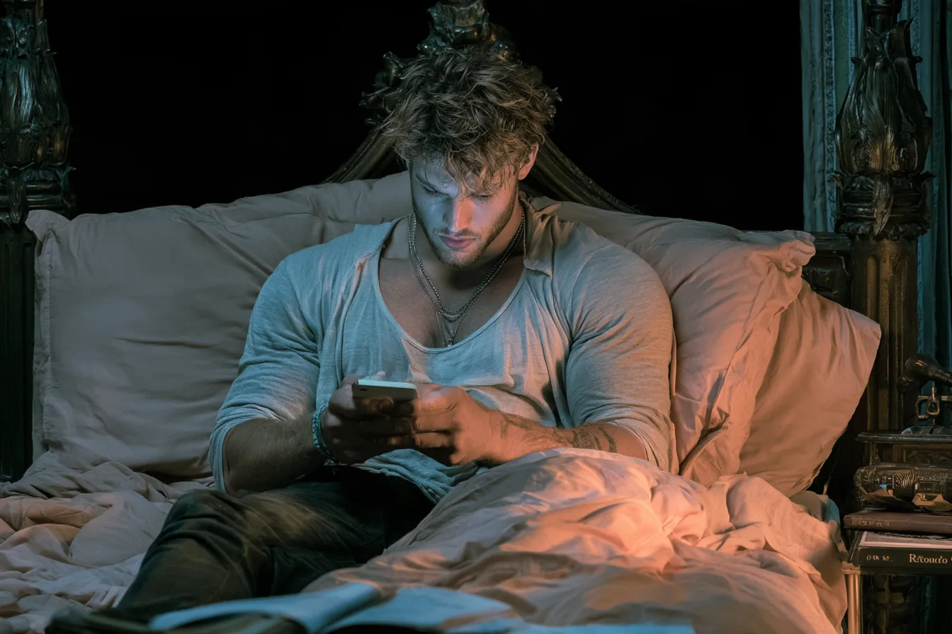 Mężczyzna w łóżku nocą patrzy w telefon