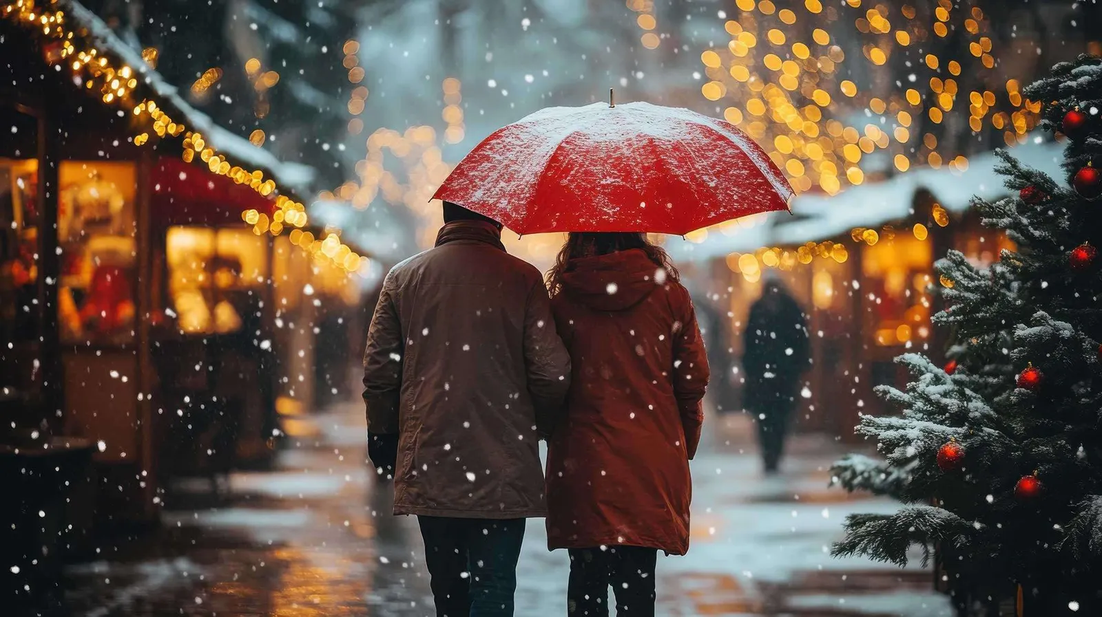 Ein Paar spaziert unter einem roten Regenschirm durch einen festlich beleuchteten, schneebedeckten Weihnachtsmarkt in Rostock. Lichterketten und dekorierte Tannenbäume schaffen eine gemütliche, winterliche Atmosphäre, ideal für eine romantische Auszeit im Rahmen der Aktion ‚Ankern im Heimathafen' des The Green Apartment Hotel Rostock.