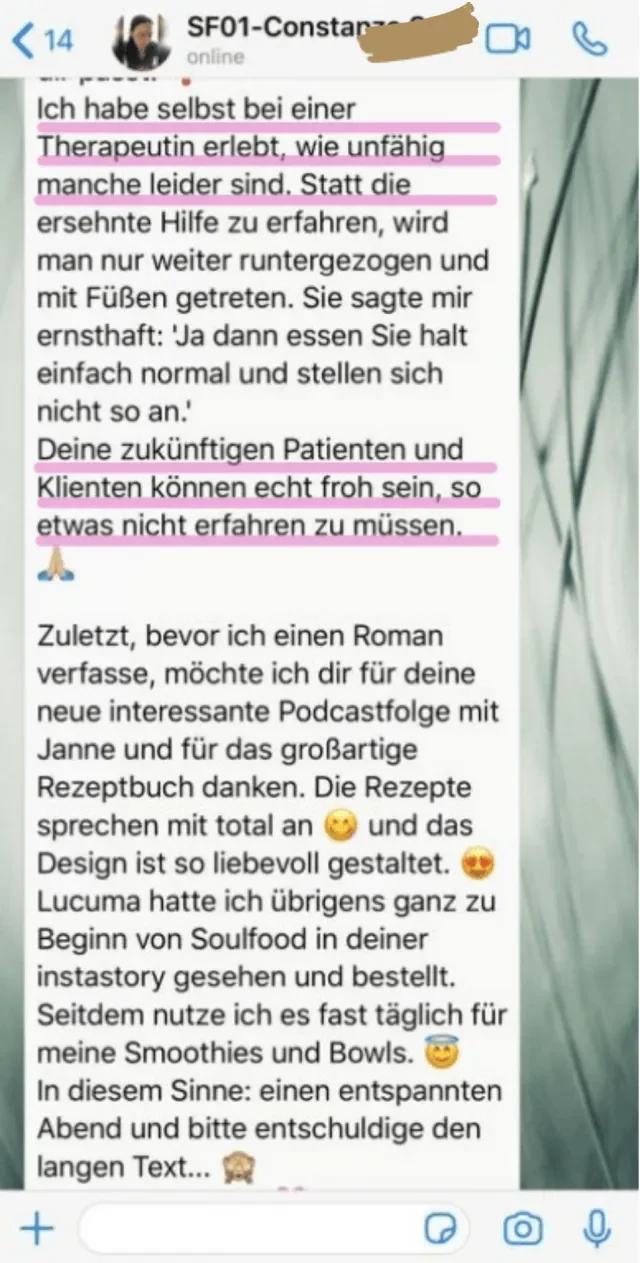 Nachricht einer Soulfood-Teilnehmerin an Jackie Freitag