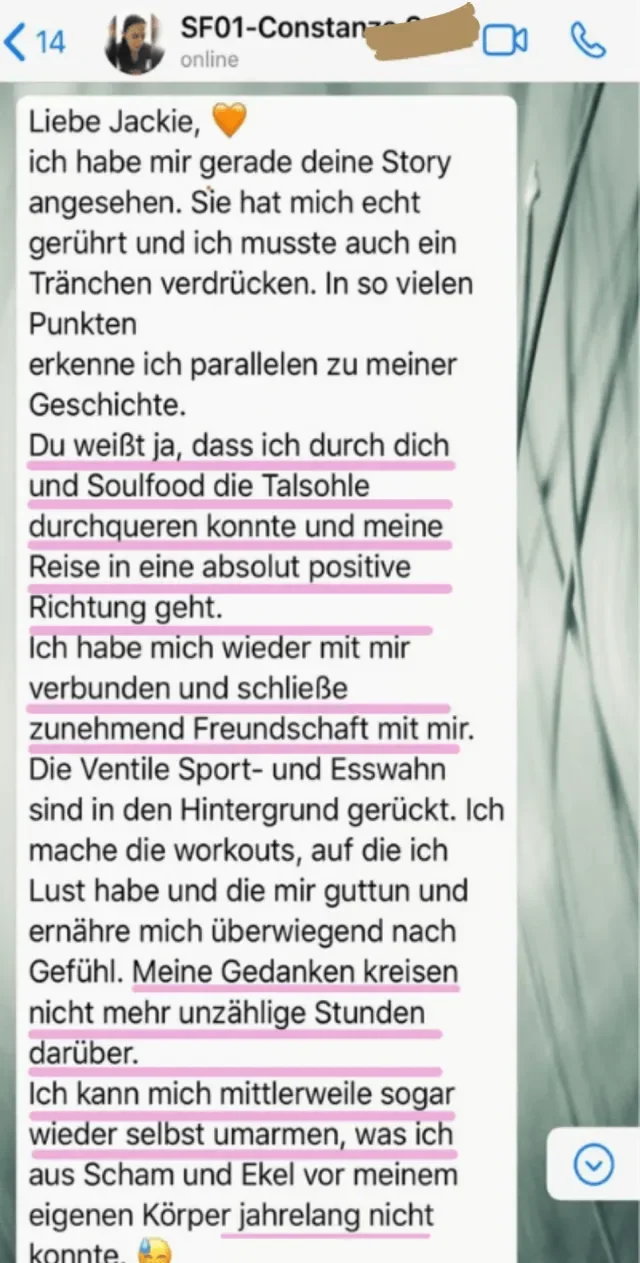 Nachricht einer Soulfood-Teilnehmerin an Jackie Freitag