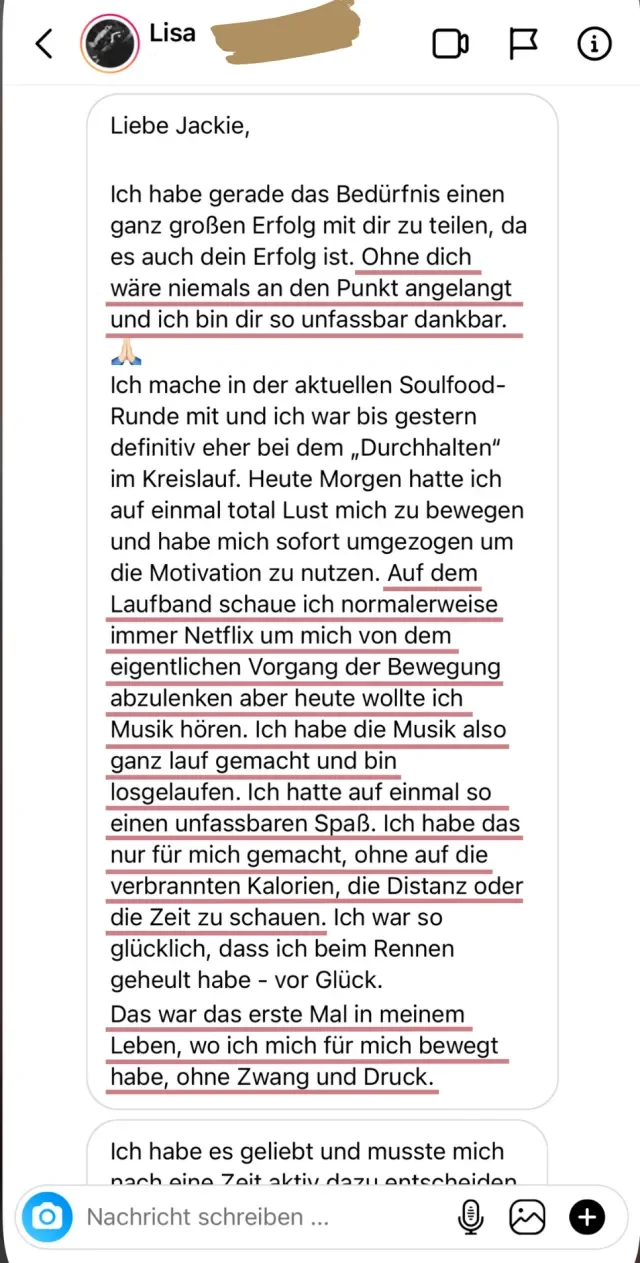 Nachricht einer Soulfood-Teilnehmerin an Jackie Freitag