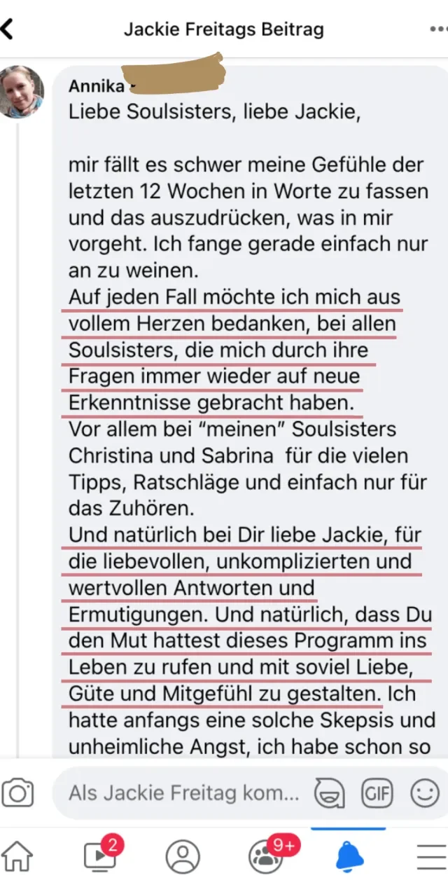 Nachricht einer Soulfood-Teilnehmerin an Jackie Freitag