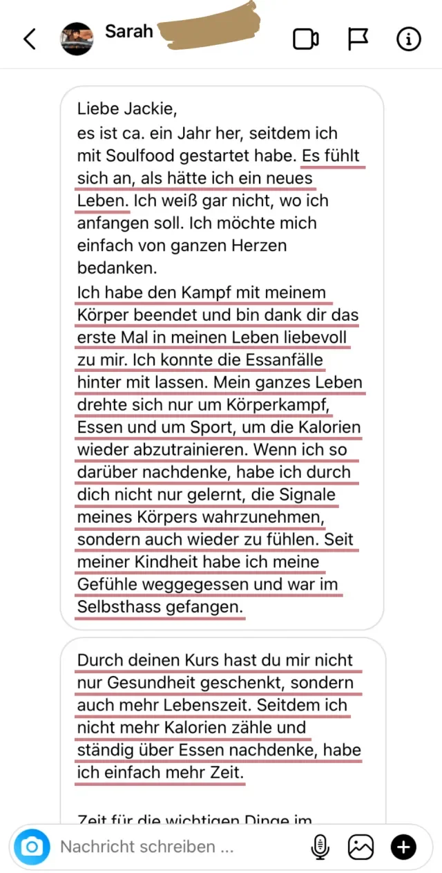 Nachricht einer Soulfood-Teilnehmerin an Jackie Freitag