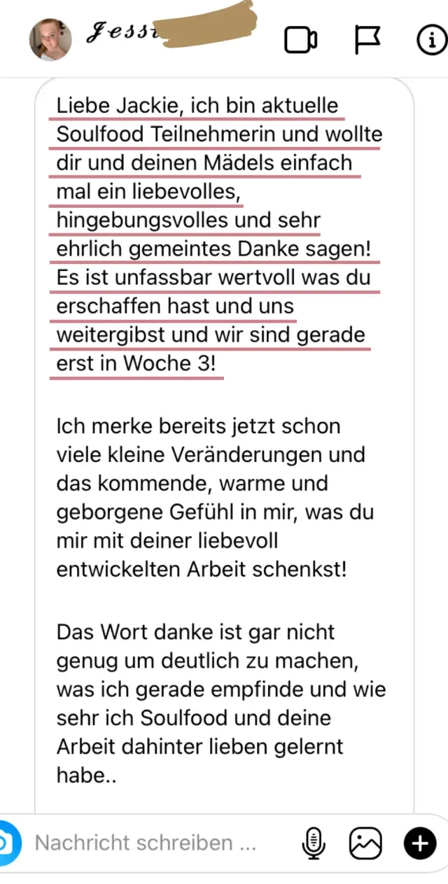 Nachricht einer Soulfood-Teilnehmerin an Jackie Freitag