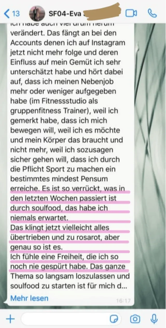 Nachricht einer Soulfood-Teilnehmerin an Jackie Freitag
