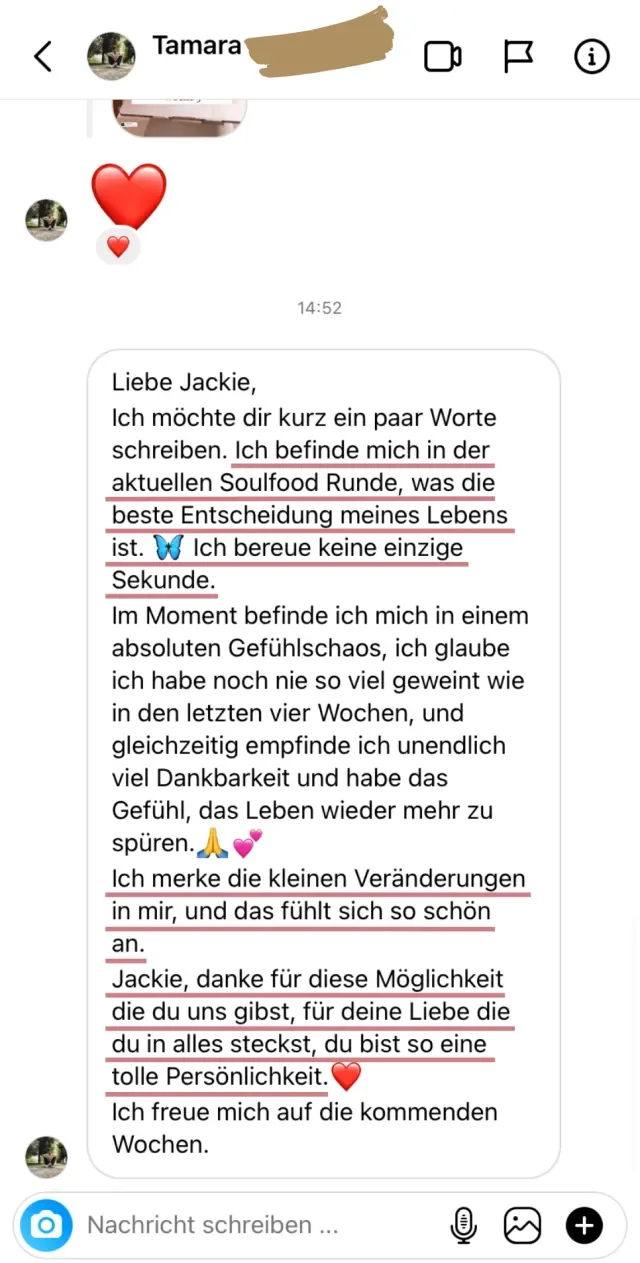 Nachricht einer Soulfood-Teilnehmerin an Jackie Freitag