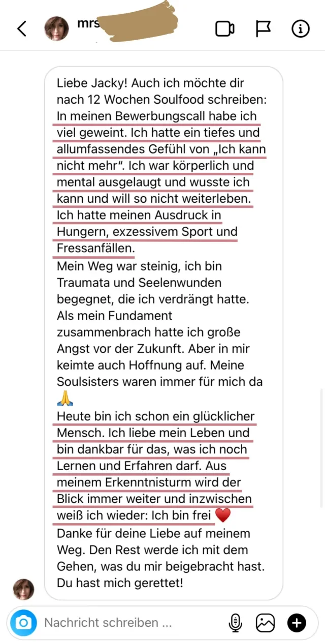 Nachricht einer Soulfood-Teilnehmerin an Jackie Freitag