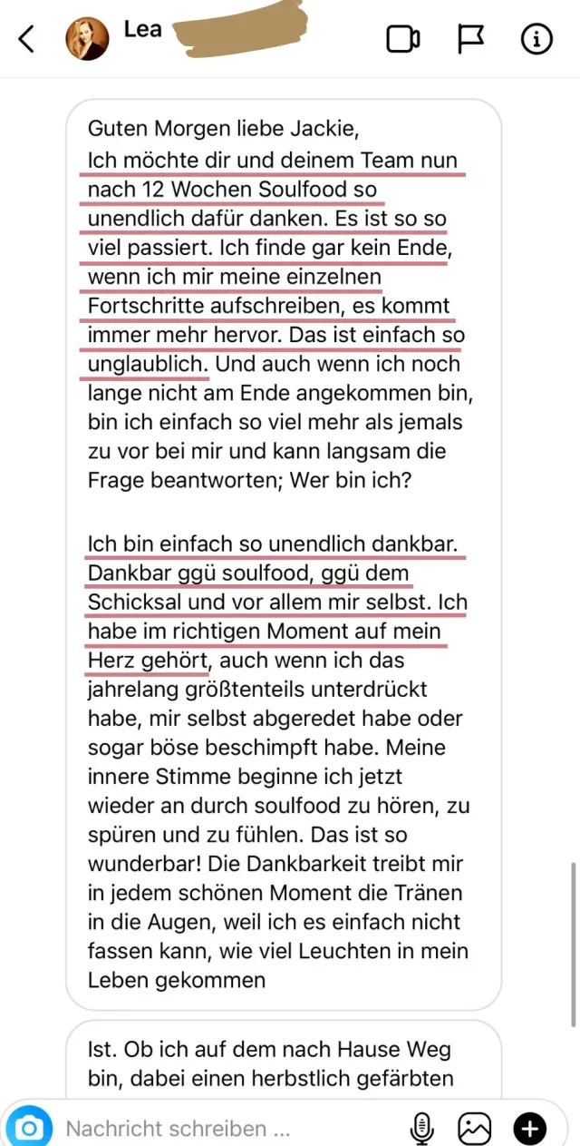 Nachricht einer Soulfood-Teilnehmerin an Jackie Freitag