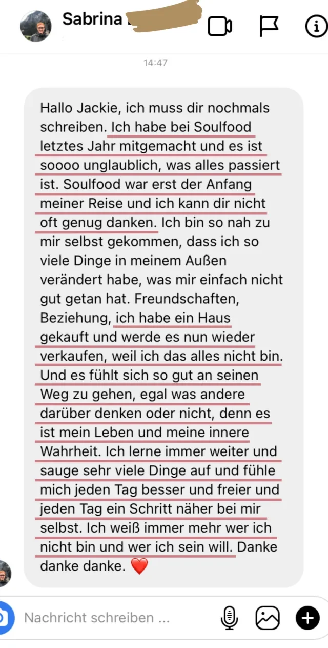 Nachricht einer Soulfood-Teilnehmerin an Jackie Freitag