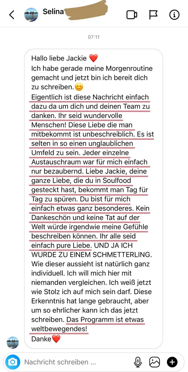 Nachricht einer Soulfood-Teilnehmerin an Jackie Freitag