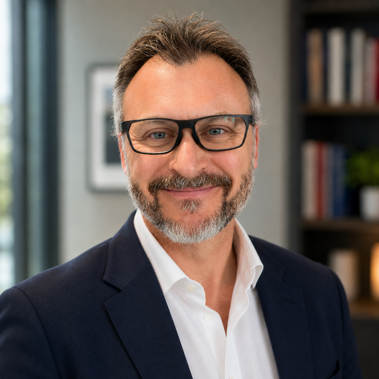 Smiling man with glasses and beard in a suit jacket, standing in a modern office with bookshelves in the background.