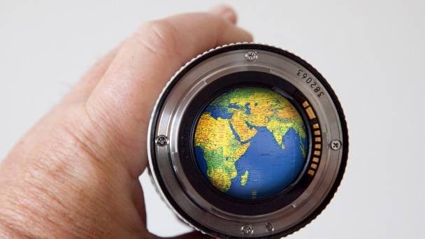 camera lens with world photo