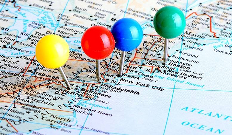 US map with pins