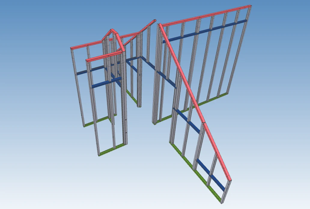 Een Modulonwand in het 3D-model, met de stijlen, regels en de dakschuinte vooraf ingemeten.