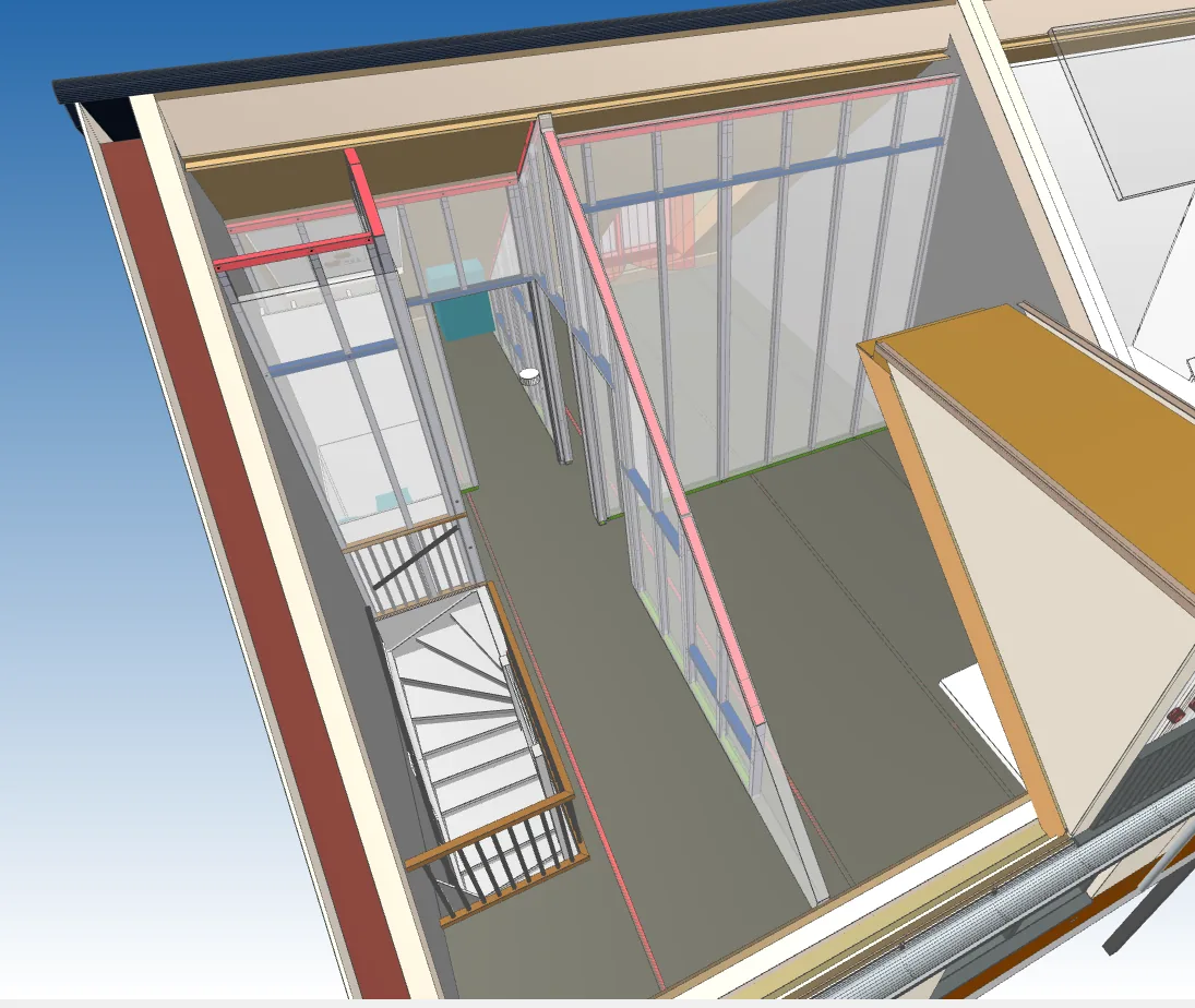 Het 3D-model van de zolderverdieping: de Modulonwanden staan in rood ingetekend tegen de kap.