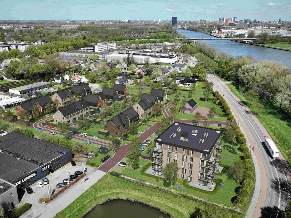 Impressie vanuit de lucht van de nieuwe buurt Eureka in Nieuwegein, met het Amsterdam-Rijnkanaal erlangs.