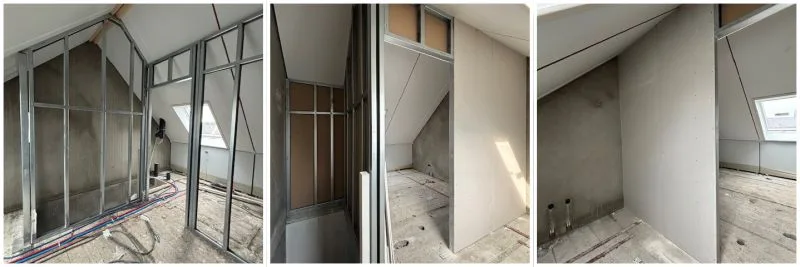 Drie fasen van de zolderwand: het frame, de eerste beplating en de afgewerkte wand.