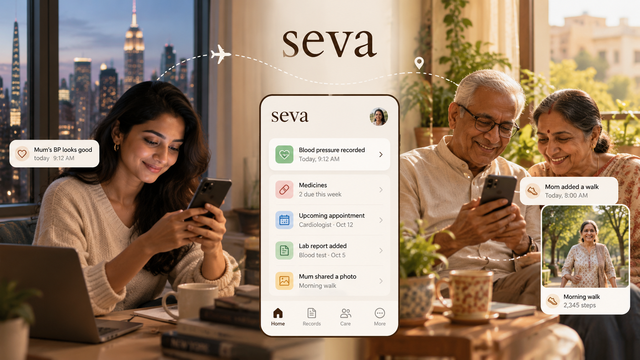 NRI daughter abroad using SEVA AI to stay connected with her ageing parents in India, with shared updates for blood pressure, medicines, appointments, lab reports and daily activity.