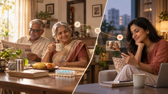 NRI daughter abroad using SEVA AI to stay connected with her ageing parents in India, with shared updates for blood pressure, medicines, appointments, lab reports and daily activity.