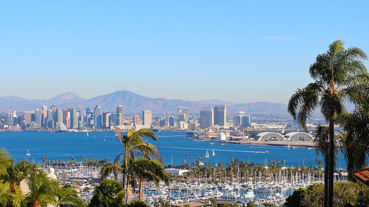 Skyline of a city by the bay with sailboats, palm trees, and distant mountains under a clear blue sky.