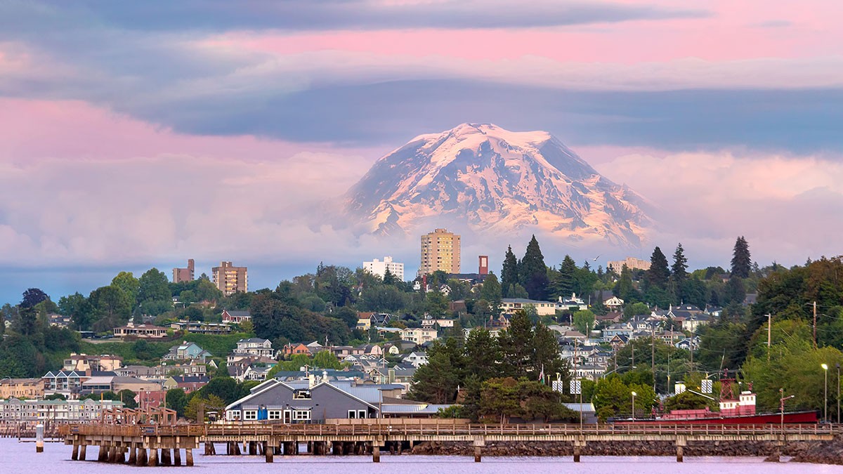 A scenic view of a city with a waterfront, houses, and a snow-capped mountain under a pink and blue sky.