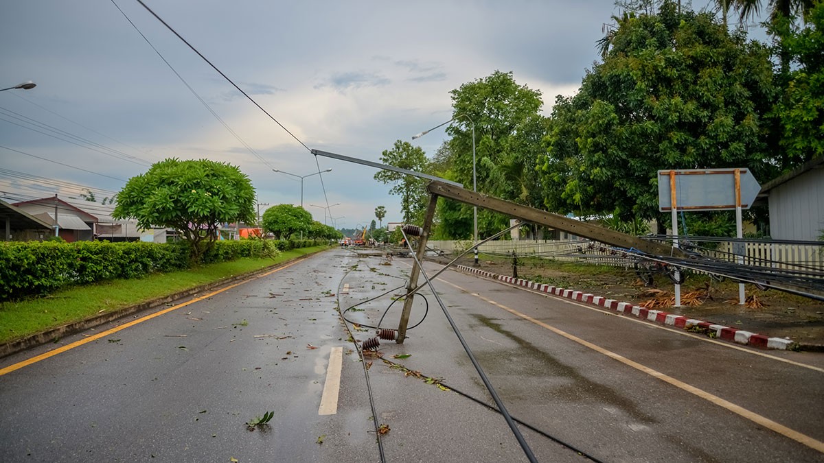A fallen electricity pole and wires block a deserted road, surrounded by greenery and cloudy skies, indicating recent storm damage.