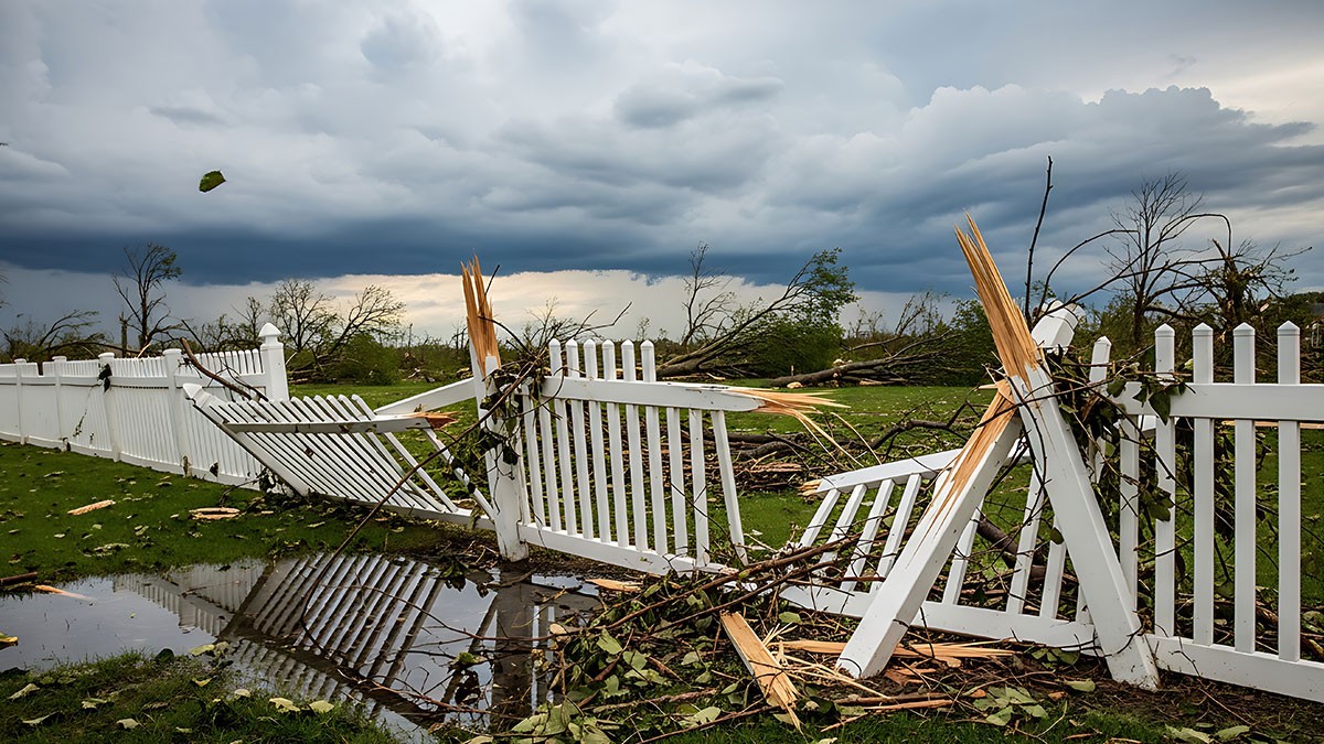 Broken white picket fence and debris scattered across a field after a storm, with dark clouds overhead and trees in the background.