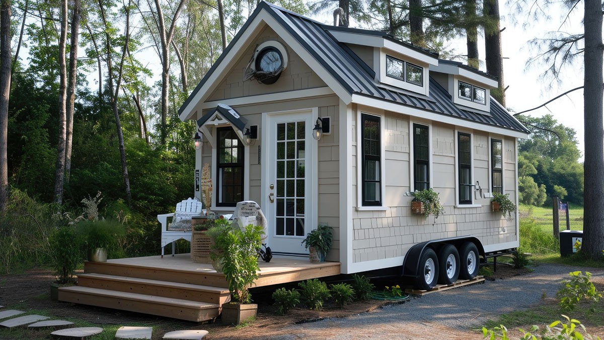 Charming tiny house on wheels with a beige exterior, white trim, and flower boxes, set in a wooded area with outdoor seating.