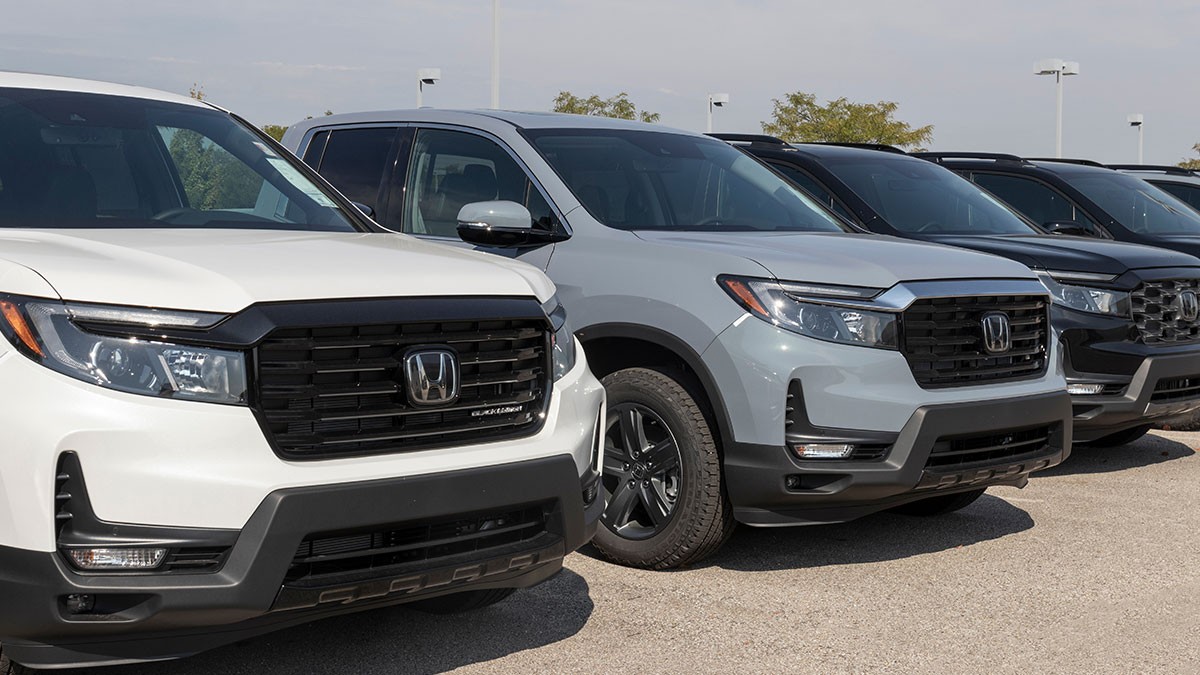 A row of parked Honda SUVs in various colors, lined up on a paved lot under a clear sky.