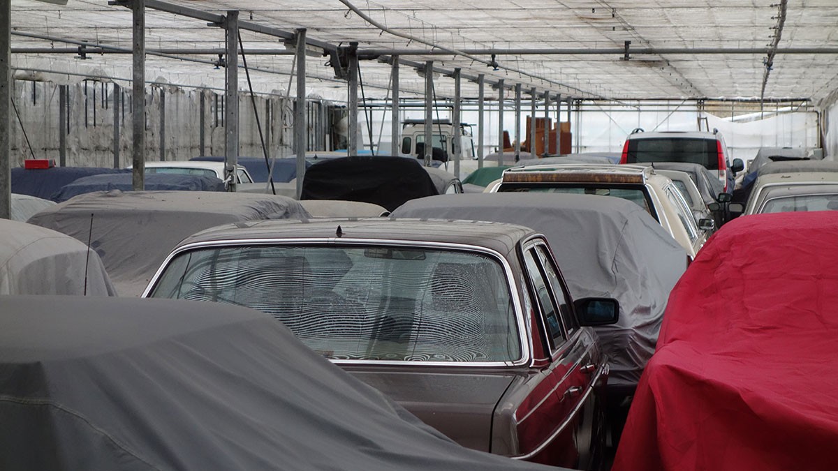 Cars covered with protective sheets parked in a large, enclosed space with a transparent roof.
