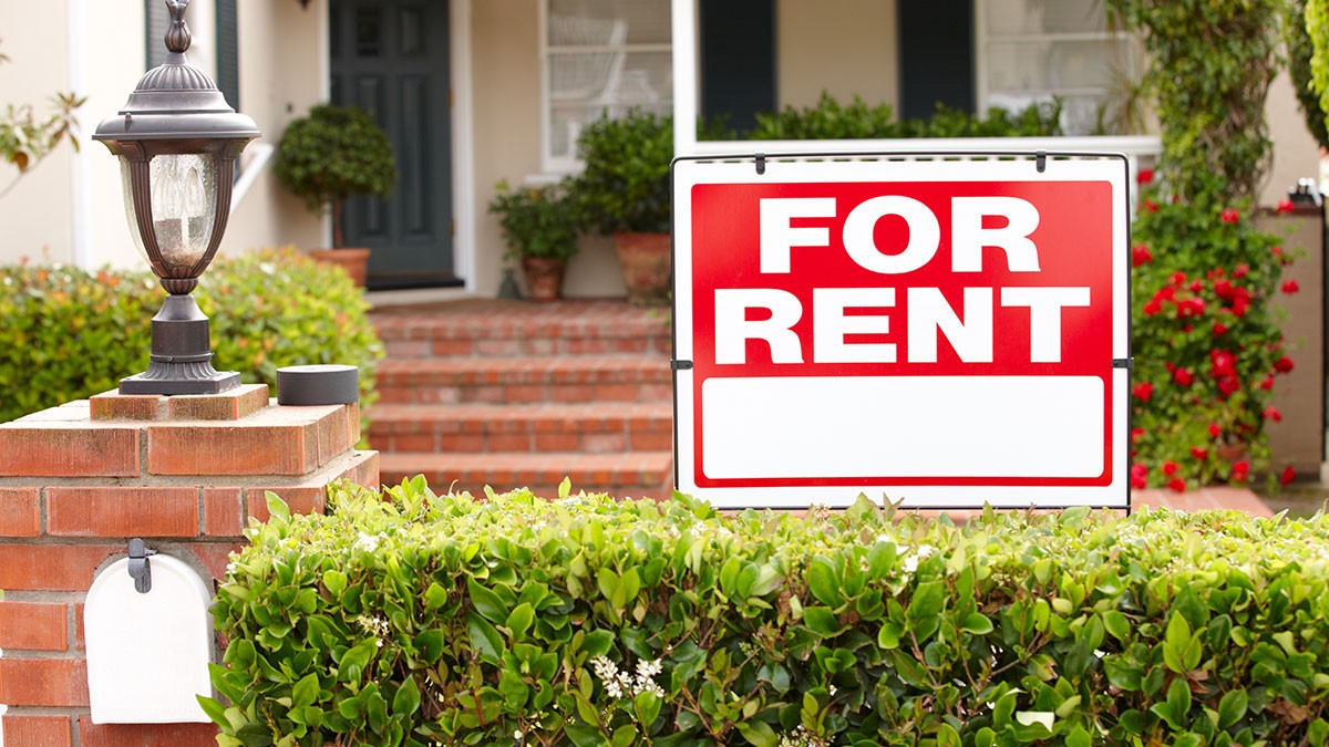 "For Rent" sign in front of a house with a brick mailbox, hedges, and a partially visible front door surrounded by plants.