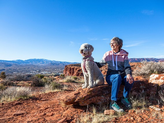 A person sitting on a rock with a white dog, overlooking a scenic desert landscape with mountains in the background under a clear blue sky.