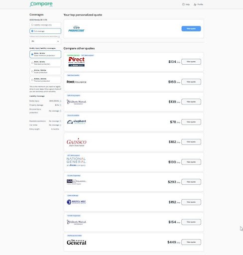 Auto insurance comparison results displayed side by side with insurer names and monthly premiums