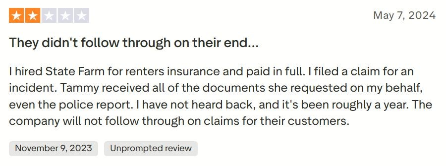 Screenshot of a 2-star customer review of State Farm renters insurance on Trustpilot