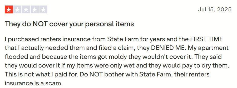 Screenshot of a 1-star customer review of State Farm renters insurance on Trustpilot