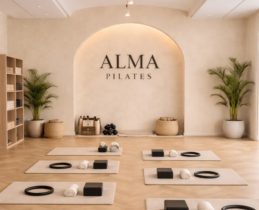 Salle du studio Alma à Auteuil, avec tapis et accessoires de Pilates