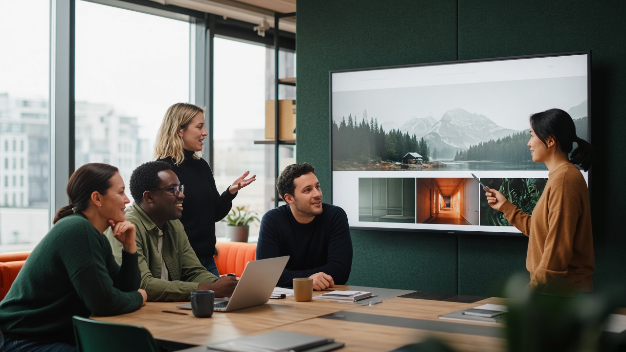 Et team presenterer en ny nettside på storskjerm