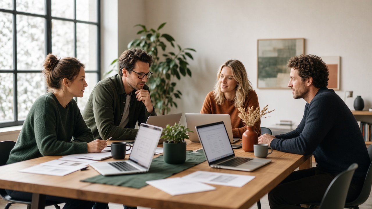 Et team samarbeider rundt et bord i et lyst kontor