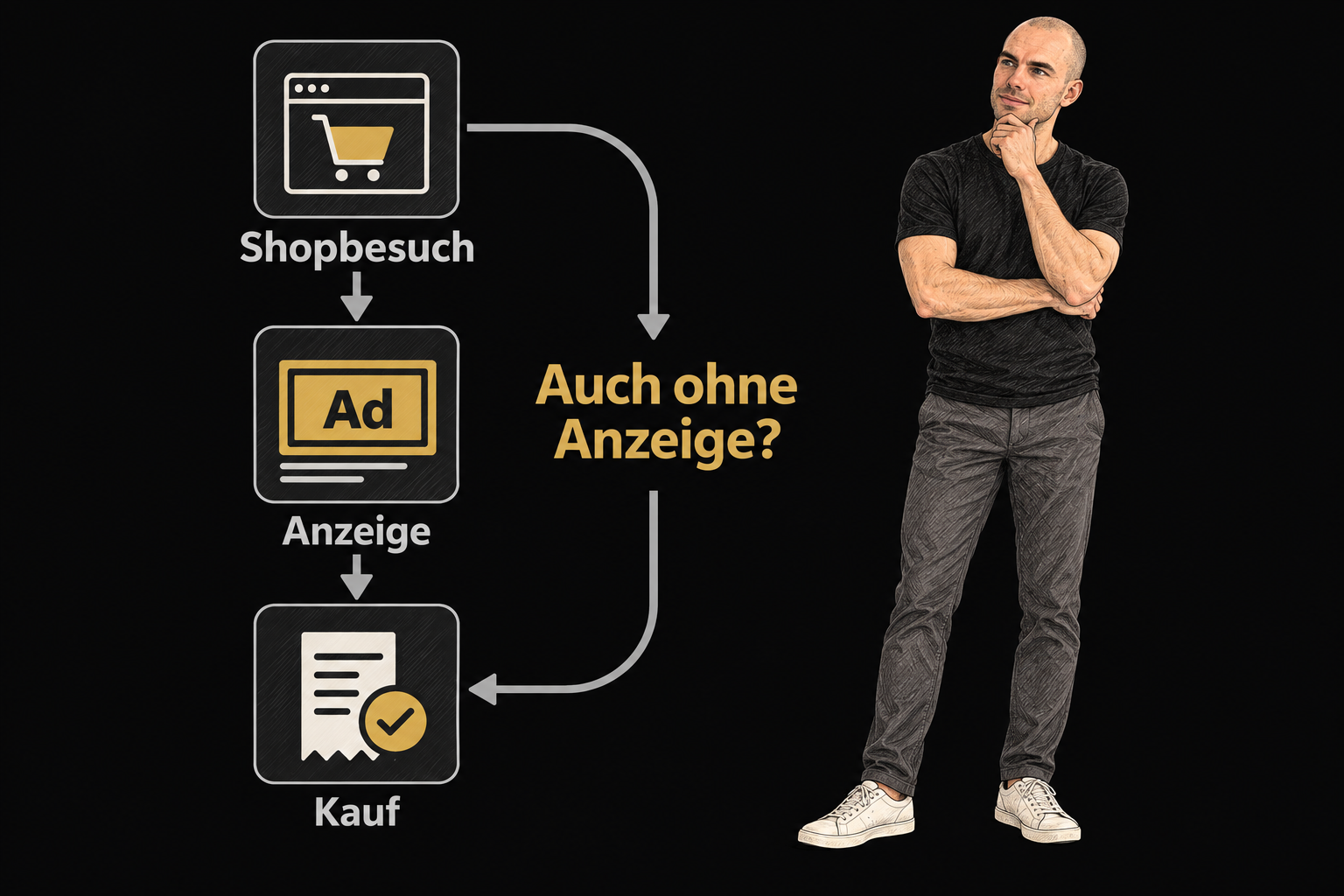 Diagramm mit Shopbesuch, Anzeige und Kauf. Ein zweiter Pfeil führt direkt vom Shopbesuch zum Kauf und fragt: „Auch ohne Anzeige?“ Rechts steht ein nachdenklicher Cartoon-Thomas.