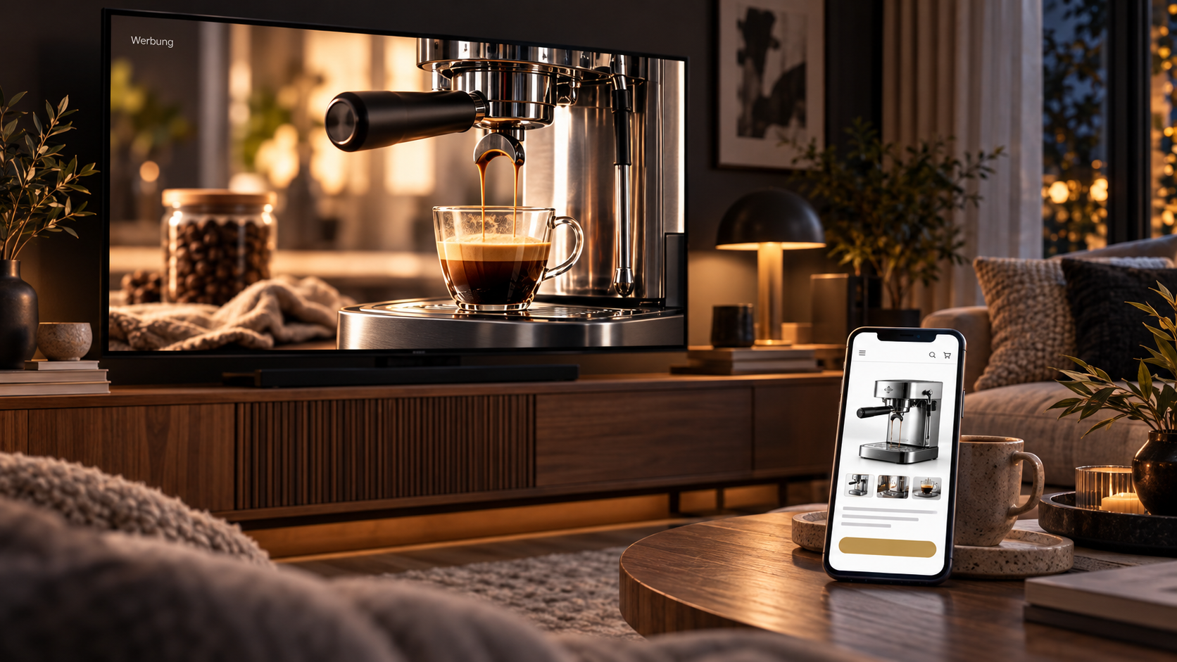 Ein Fernseher zeigt Werbung für eine Siebträgermaschine. Auf einem Smartphone im Vordergrund ist eine Produktseite zur Maschine geöffnet.