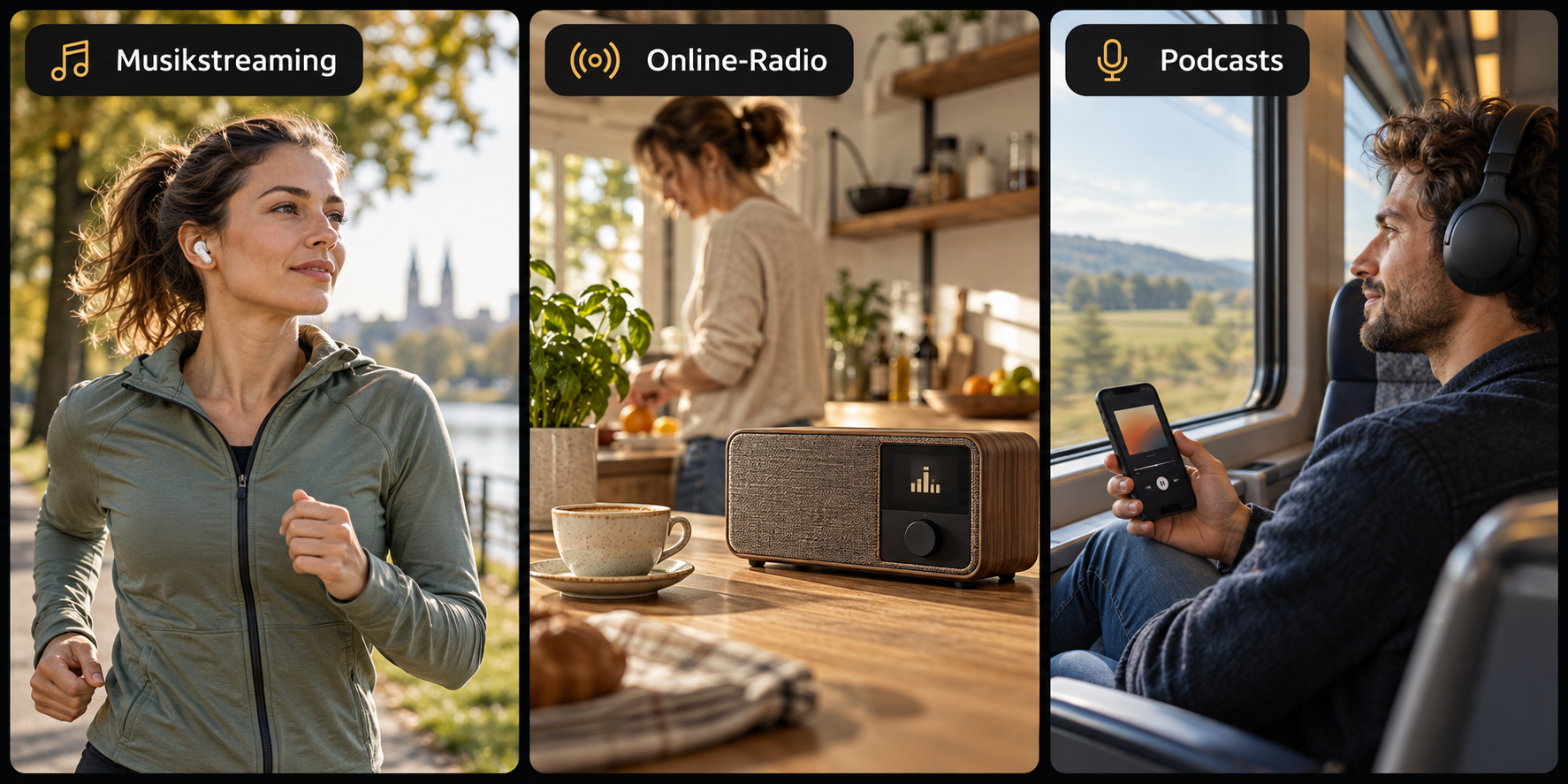 Drei Hörsituationen: eine Läuferin mit Ohrhörern, ein Internetradio in einer Küche und ein Zugreisender mit Kopfhörern und Podcast-Player.