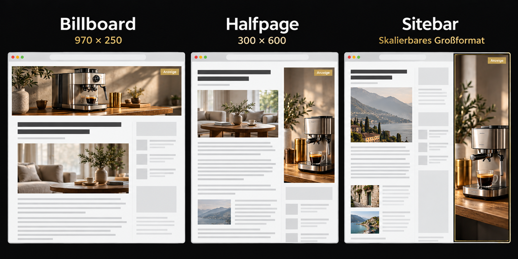 Drei beispielhafte Websiteansichten mit einem Billboard über dem Inhalt, einer Halfpage in der rechten Spalte und einer großflächigen Sitebar neben dem Seiteninhalt.