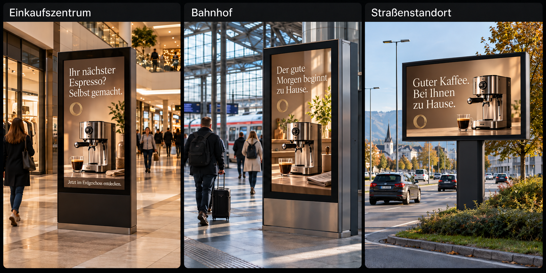 Drei Varianten einer Kaffeemaschinenwerbung: mit Filialhinweis im Einkaufszentrum, Morgenmotiv am Bahnhof und reduzierter Produktbotschaft am Straßenstandort.