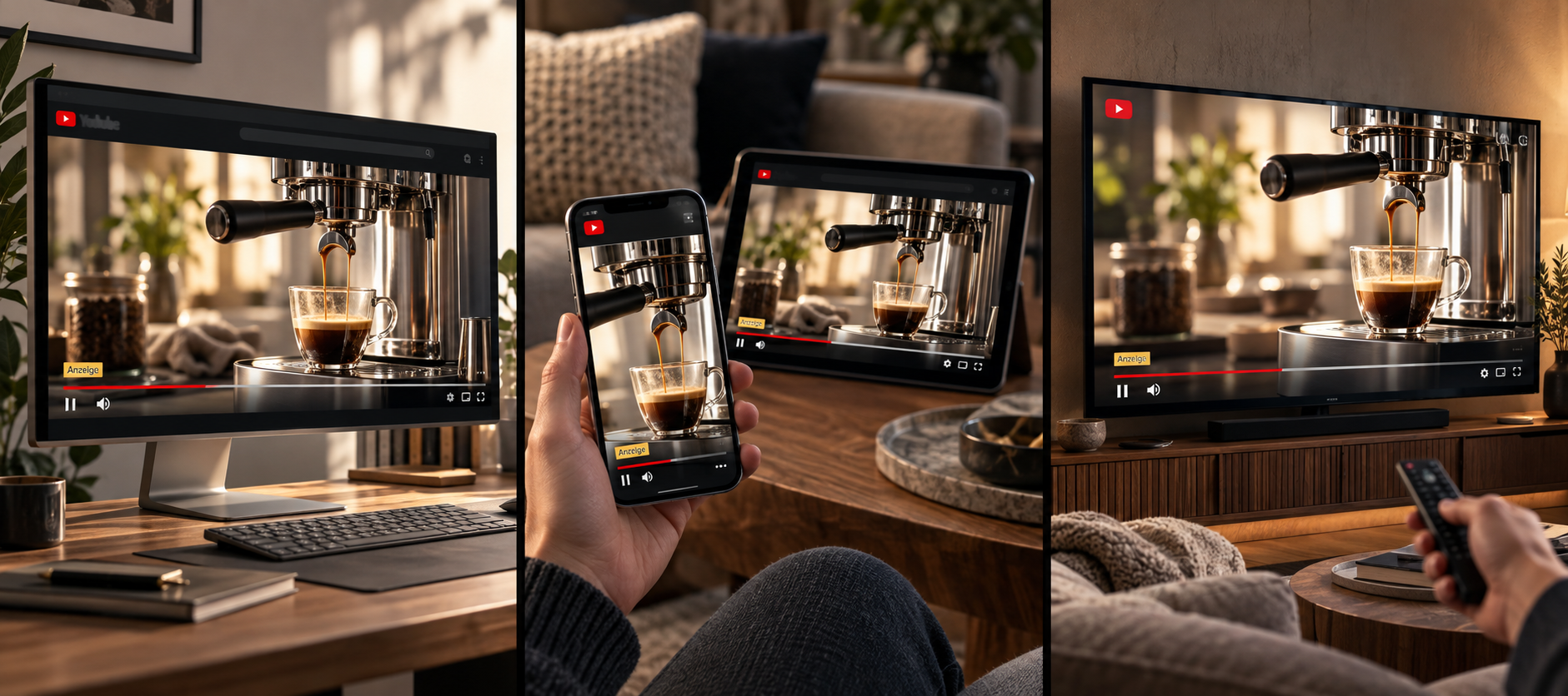 Drei Nutzungssituationen zeigen eine beispielhafte Videoanzeige für eine Kaffeemaschine auf einem Desktopmonitor, auf Smartphone und Tablet sowie auf einem Fernseher.