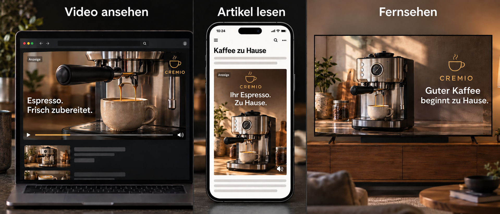 Werbung für eine Siebträgermaschine auf drei Geräten: Zubereitungsszene im Desktop-Video, Hochformatanzeige im Smartphone-Artikel und Produktbotschaft auf dem Fernseher.