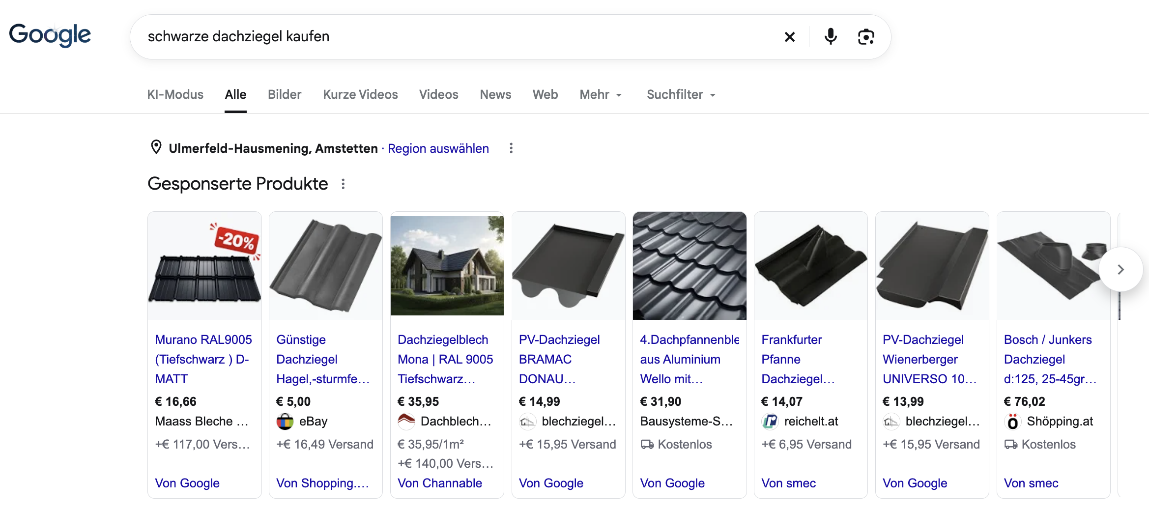 Google-Suche nach „schwarze dachziegel kaufen“ mit Shopping-Anzeigen verschiedener Händler, Produktbildern und Preisen.
