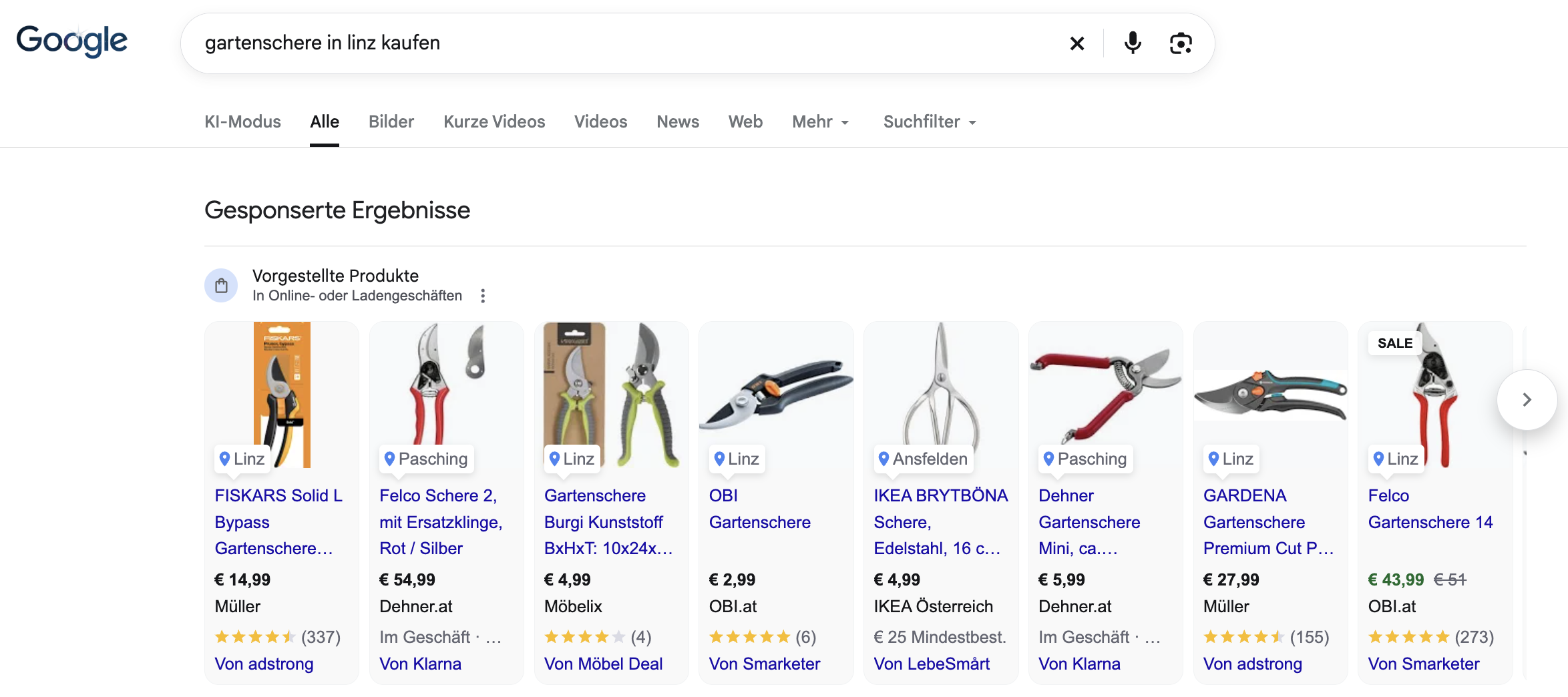Google-Suche nach „gartenschere in linz kaufen“ mit Produktanzeigen und Standortangaben zu Geschäften in Linz und Umgebung.