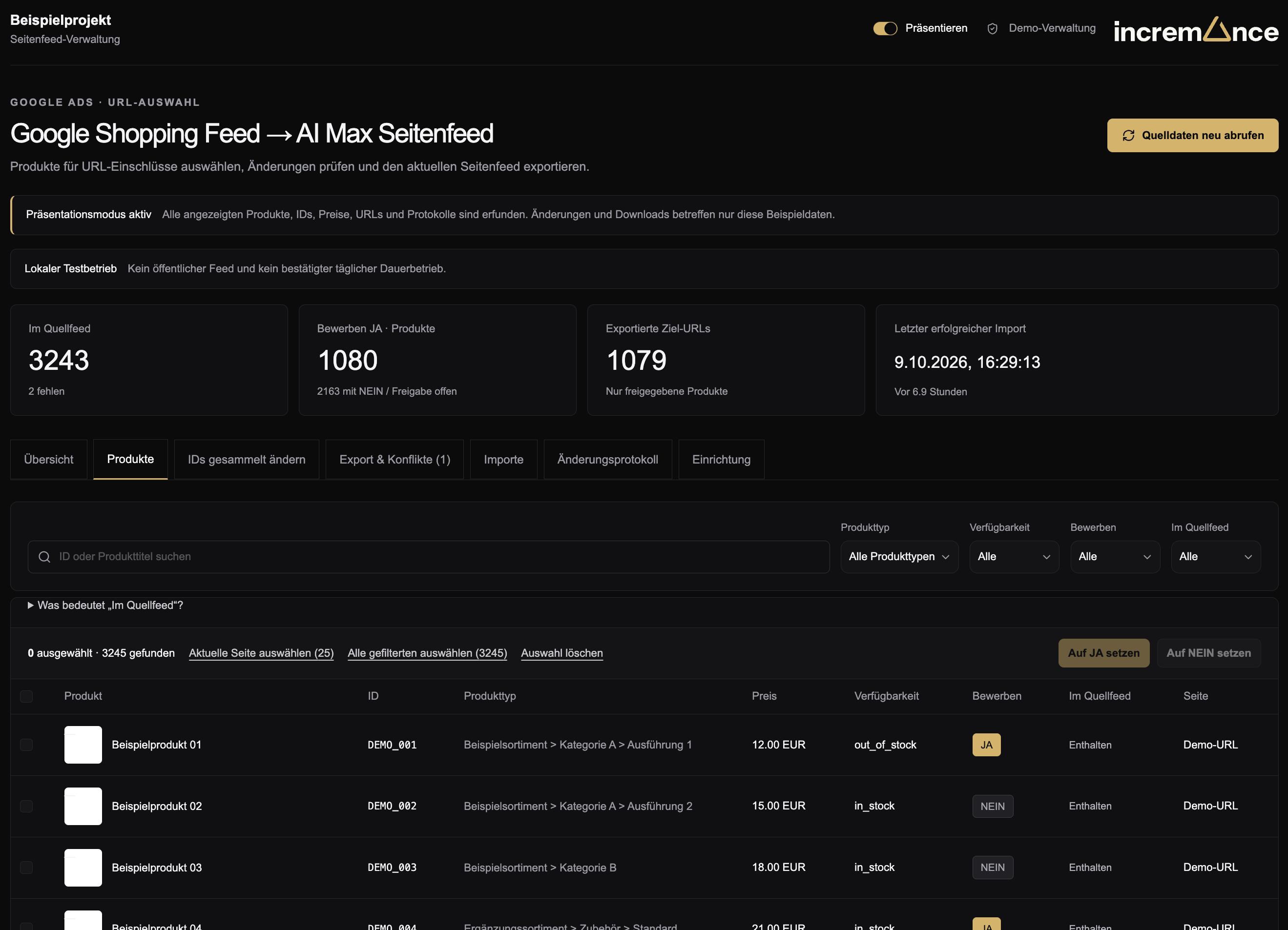 Feed-Tool von incremance zur Auswahl von Produkten und automatisierten Aufbereitung ihrer Ziel-URLs für einen AI-Max-Seitenfeed.